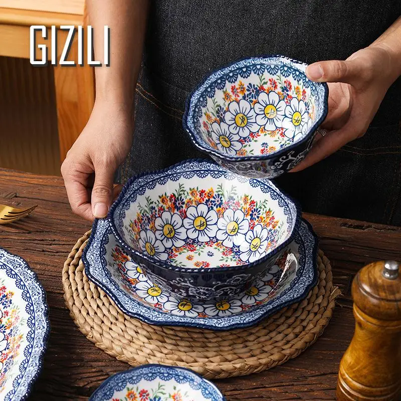 Retro Ceramic Dinner Plates Set Food Plate Household Kitchen Tableware Set Breakfast Plates Salad Soup Bowls Dinnerware