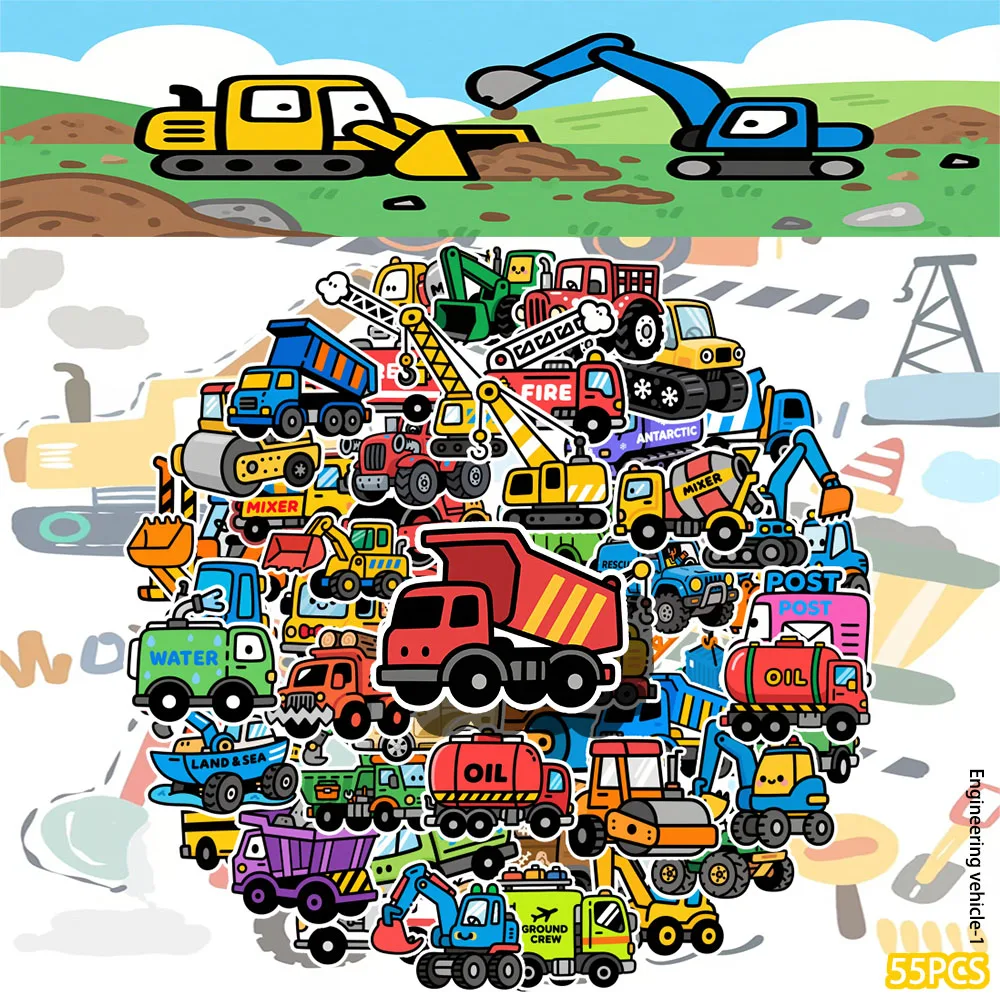 55PCS Cartoon Engineering Vehicle Decoration Mechanical Hand Water Cup Hand Journal DIY Mobile Phone Shell Sticker