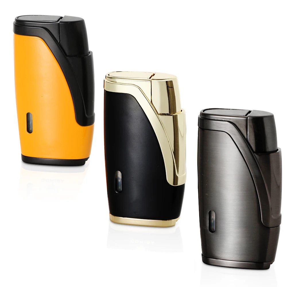 Metal Cigar Lighter 2 Jet Torch Lighter Butane Gas Lighters Windproof Cigarette Lighters W/ Cigar Cutter