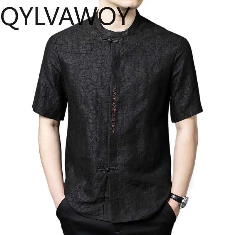 

QYLVAWOY Мужские рубашки из 100% шелка тутового шелкопряда, высококачественные рубашки с вышивкой Xiangyunsha, топы с короткими рукавами, летняя одежда в стиле ретро