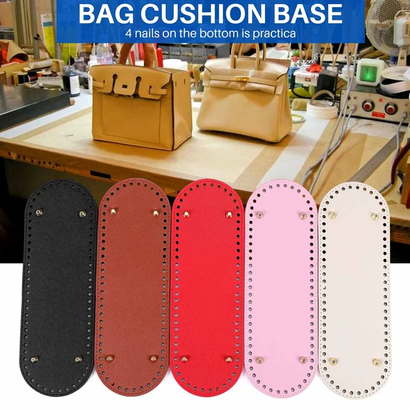 5 Pcs Oval Long Bag Bottom, PU Leather Nail Bottom Shaper Pad, Bag Cushion Base, Hand-Woven Bags Accessories With Holes