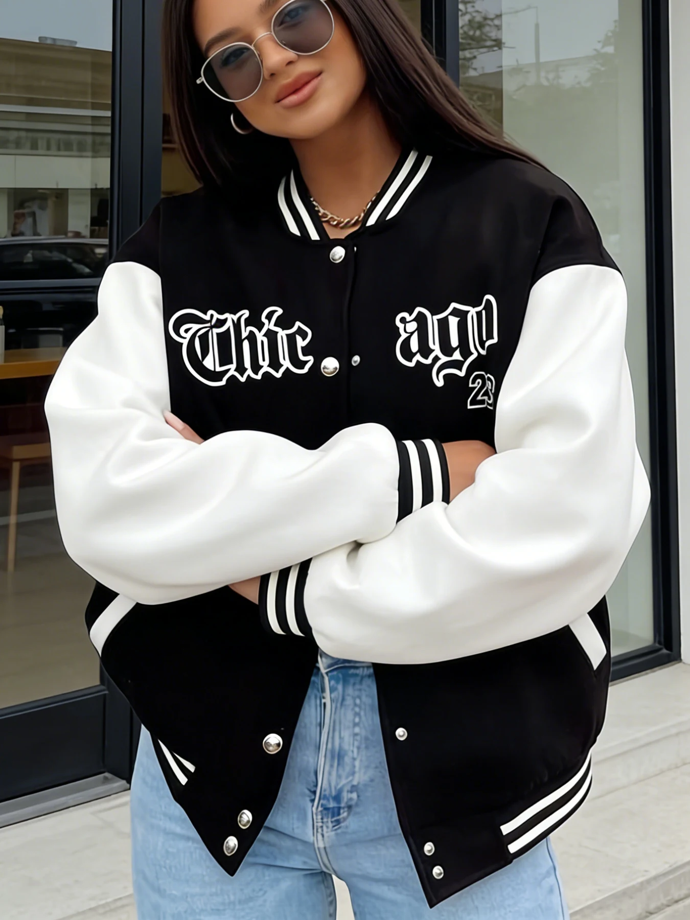 Chaqueta de béisbol de gran tamaño para mujer, abrigo universitario informal con estampado de números "Thie" y 23, ropa de calle de moda, chaqueta holgada de moda