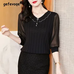 Summer New Women's Elegant Commuter Knitted Spliced Pullovers T-shirt Loose Korean Round Neck Fashion Gauze Half Sleeve Tops