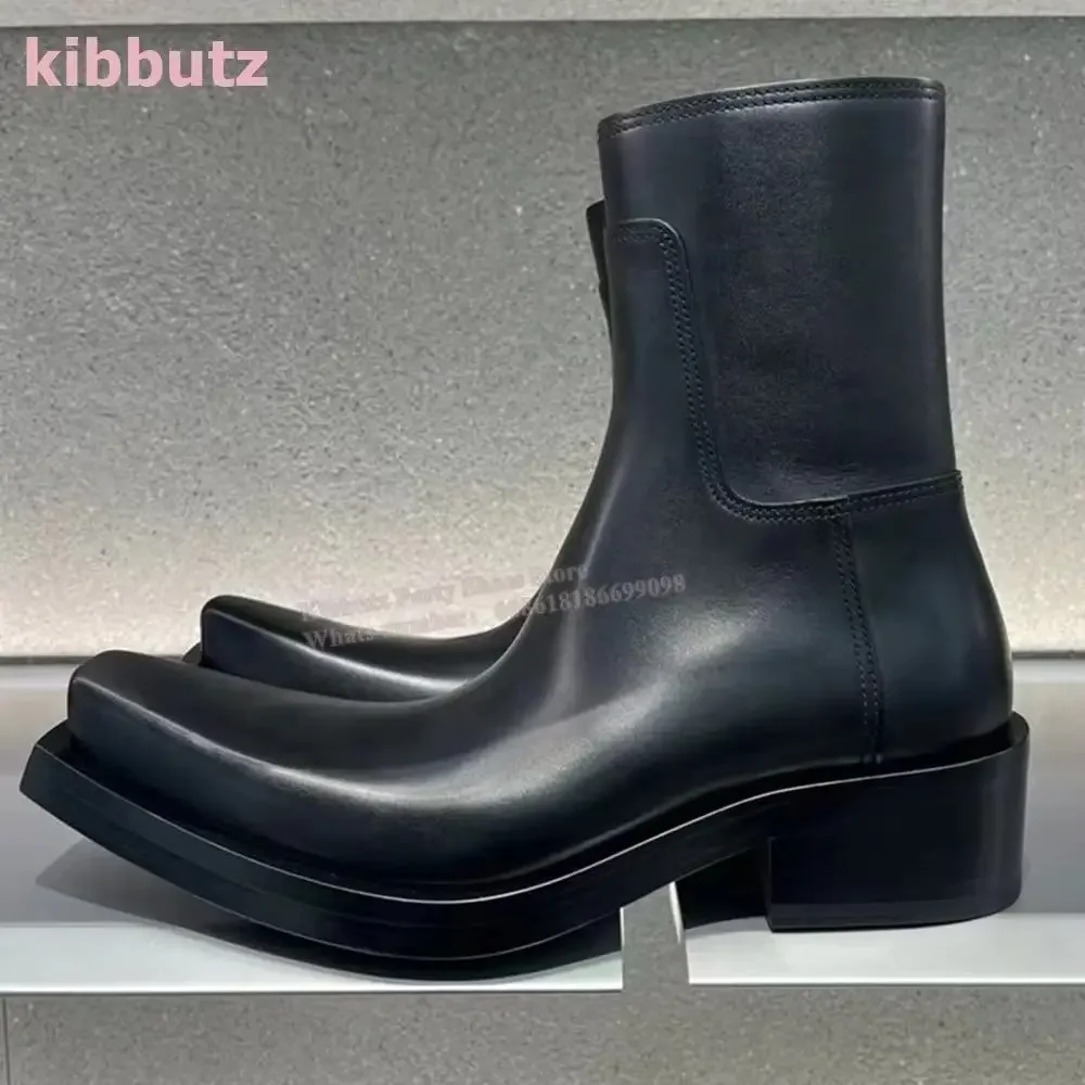 Rider Ankle Boots Square Toe Luxury Leather Solid Black Square Toe Side Zipper Fashion Sexy Luxury Novelty Women Shoes Concise