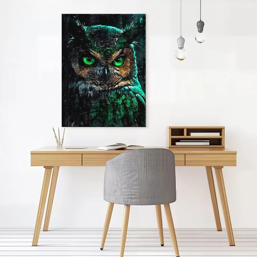 Intense Owl Portrait With Green Eyes Printed Canvas Poster Custom Pictures Wall Art Canvas Painting for Interior Decoration Room