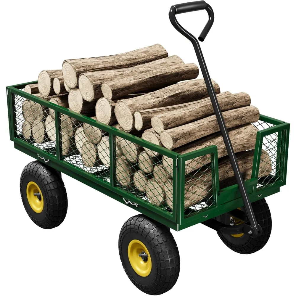 900ポンドスチールガーデンカート、頑丈なユーティリティワゴンカート、取り外し可能なメッシュサイド、10インチタイヤ、スイングアウトハンドル付き