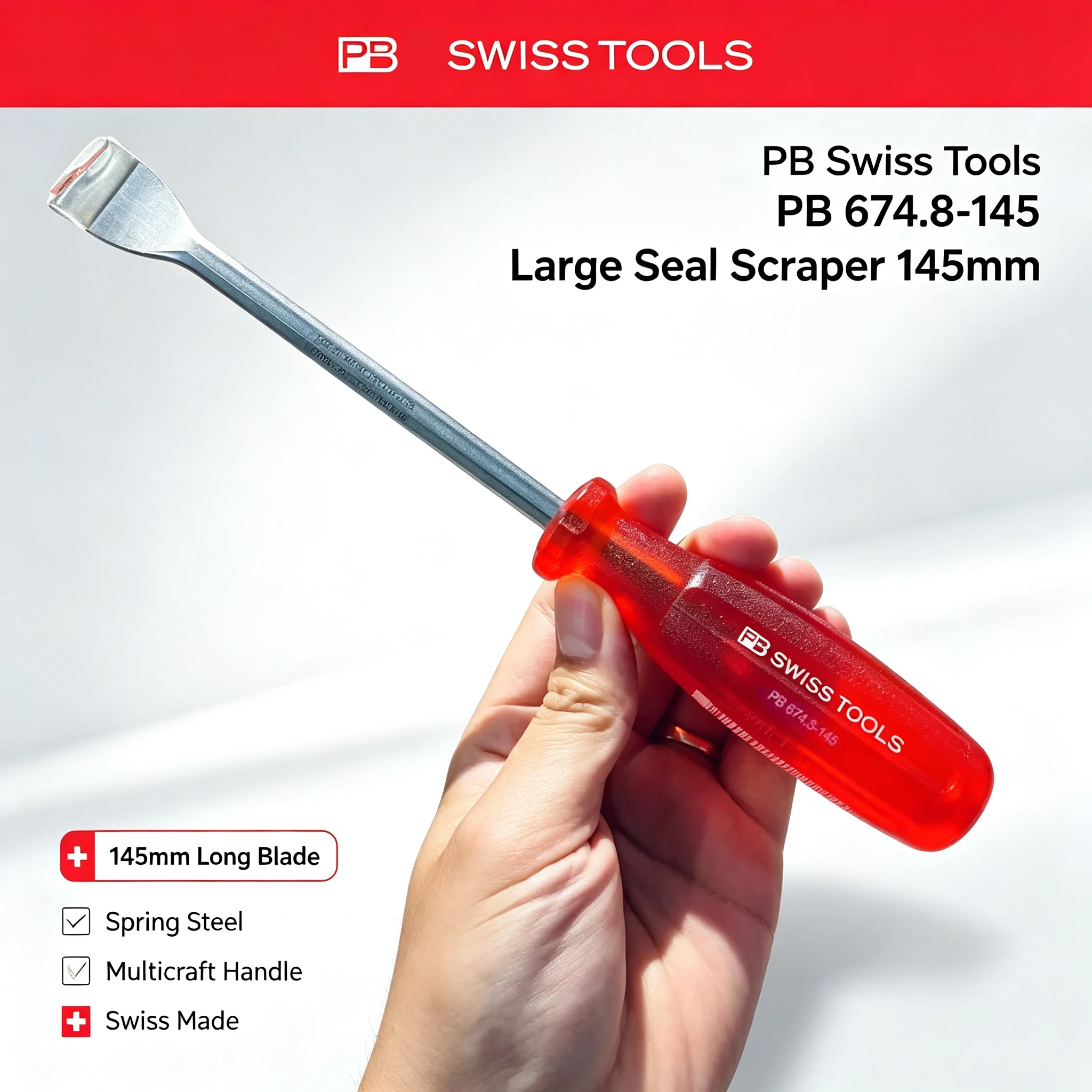 PB Swiss Tools Large Seal Scraper 145mm Blade Total 255mm Multicraft Handle Adhesive Remover PB 674.8-145