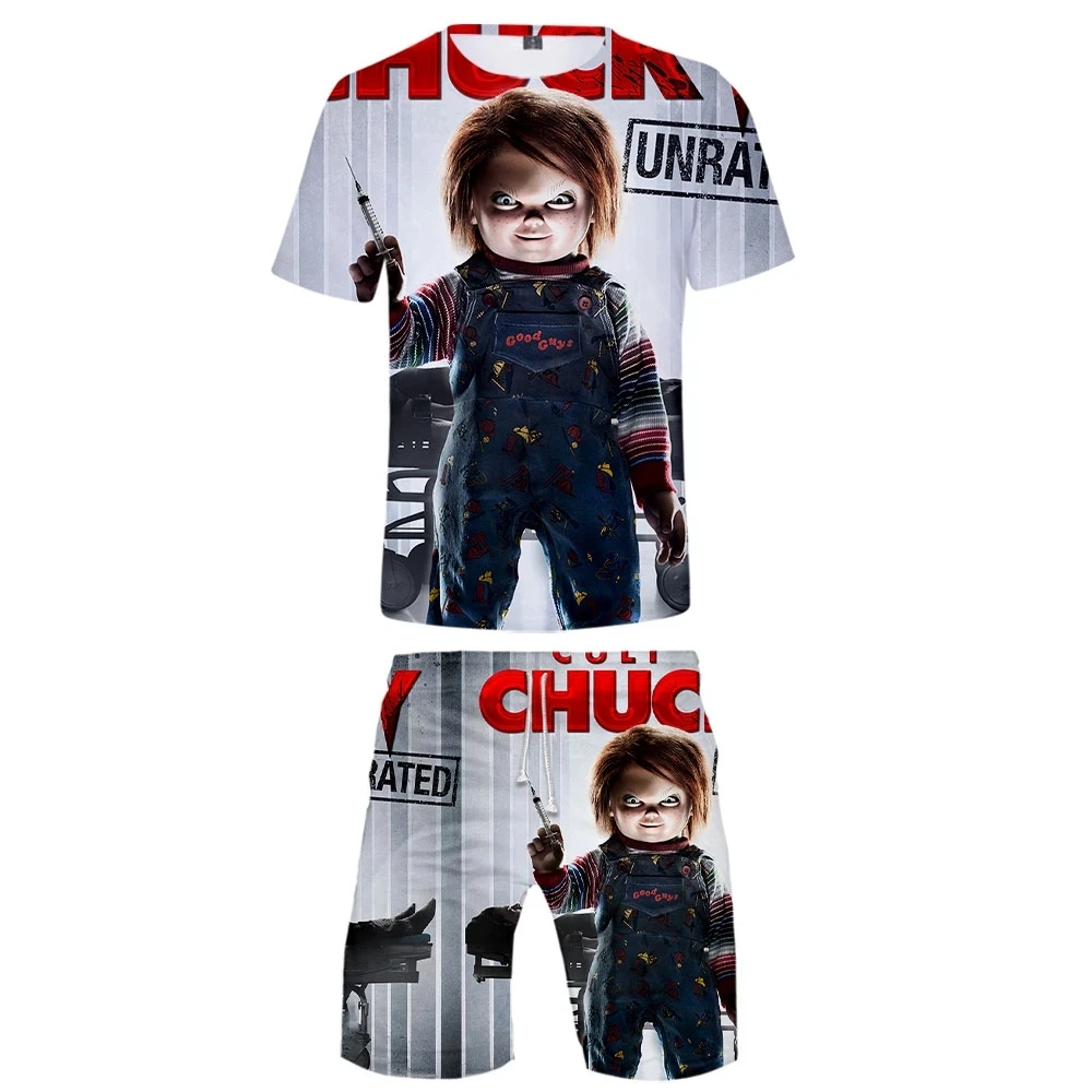 2025 3D printed fashion set, streetwear horror movie set, 2-piece set, summer short sleeved T-shirt shorts