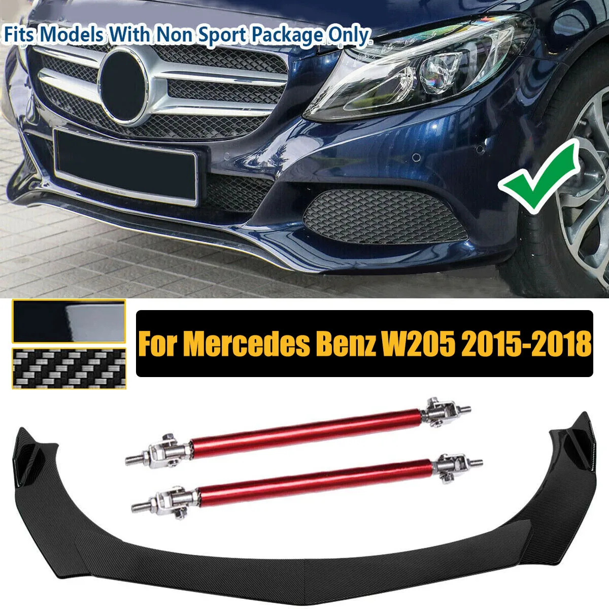 

Universal For Mercedes Benz C Class W205 2015-2018 Front Bumper Lip Spoiler Splitter Body Kit + 15cm Strut Rods Car Accessories