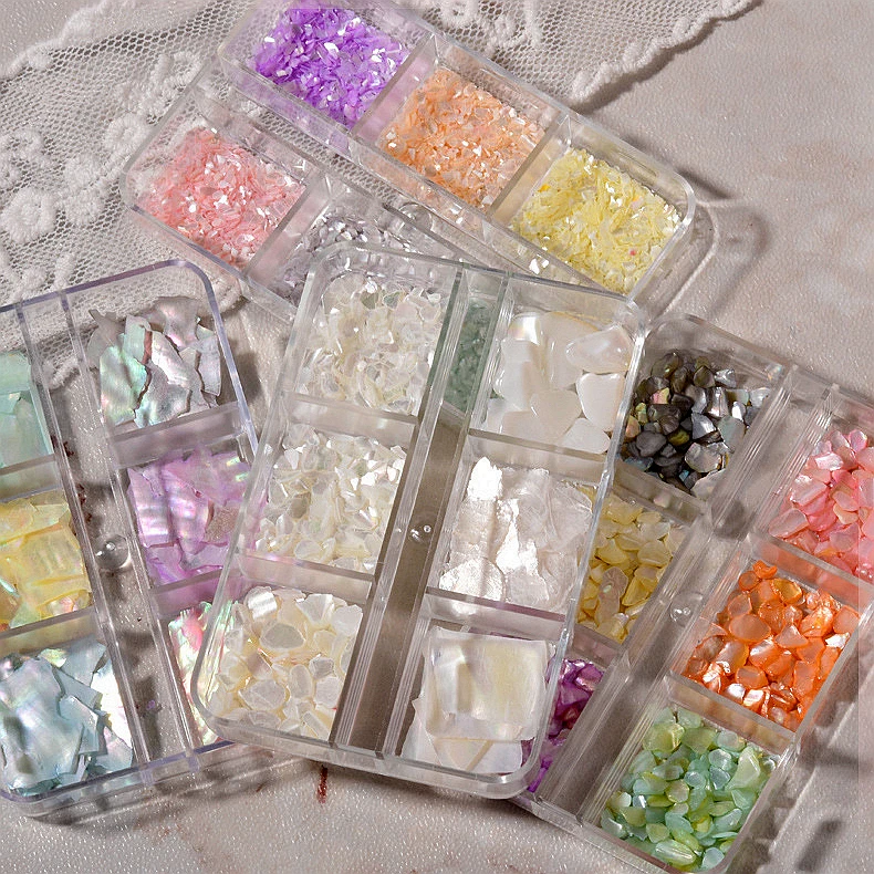 6 Grids Abalone Shell Flakes Nail Art Decoration Supplies Irregular Seashell Fragment Aurora Slices DIY Manicure Accessories