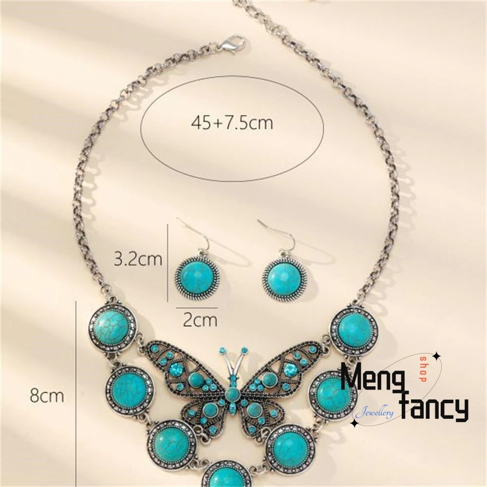 Natural Retro Bohemian Retro Turquoise Butterfly  Necklace Pendant Earring Western Style Exaggerated Fashion Luxury Fine Jewelry