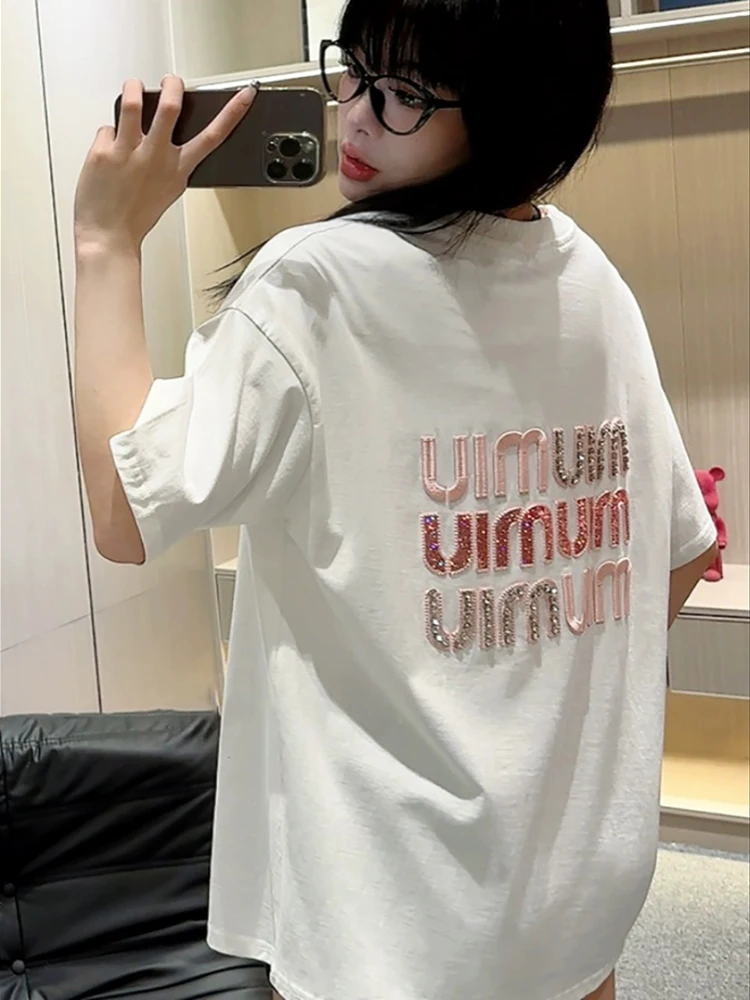 

2025 Spring/Summer New Casual Versatile Heavy duty Letter Hot Diamond Embroidered Short sleeved T-shirt Women's Loose Top