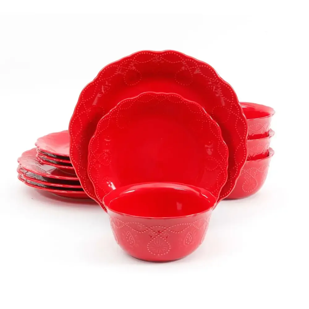 

Набор посуды из 12 предметов, красный ковбойский кружевной посуды, зубчатая керамогранита, тисненый узор из бисера, семейная еда, удобная посудомоечная машина, микроволновая печь