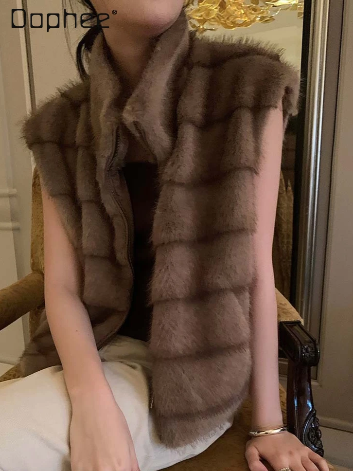 

Винтажный модный жилет из искусственного норкового меха с воротником-стойкой для женщин, осень-зима, корейская модная теплая шуба без рукавов на молнии, топ