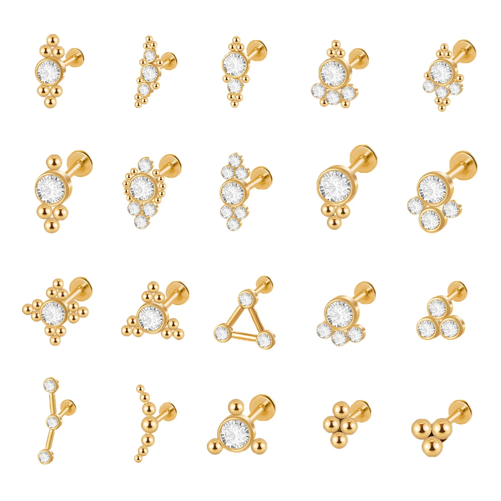 Wholesale Surgical Steel Gold Color Plated Labret Crystal CZ Helix Tragus Cartilage Ear Studs Internal Thread Piercing Jewelry