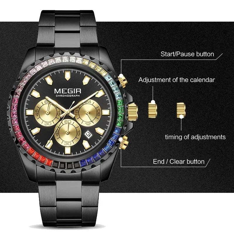 Relojes MEGIR cronógrafo de cuarzo para hombre a la moda con manecillas de diamantes de imitación fecha correa de acero inoxidable reloj de pulsera analógico negro para hombre