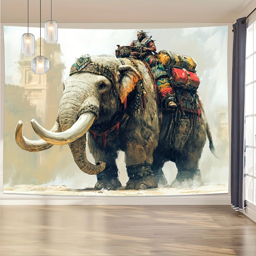 

Decorative Art Style Men Riding Mammoth Background Cloth, Suitable for Living Room, Restaurant, Office and Exhibition Space Deco