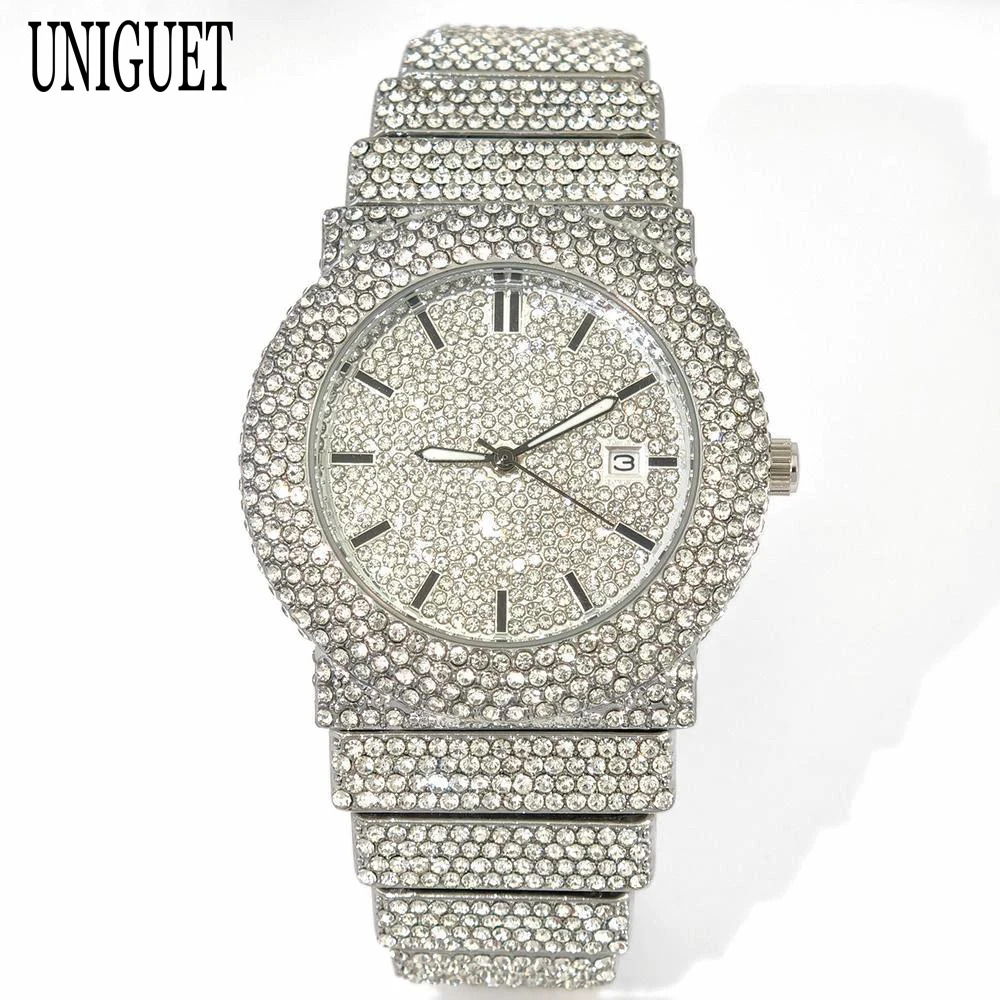 Fashion Brand UNIGUET Iced Watch For Man Luxury Hip Hop Full Diamond Jewelry Waterproof Quartz Business Wrist Watch Man Gifts ﻿