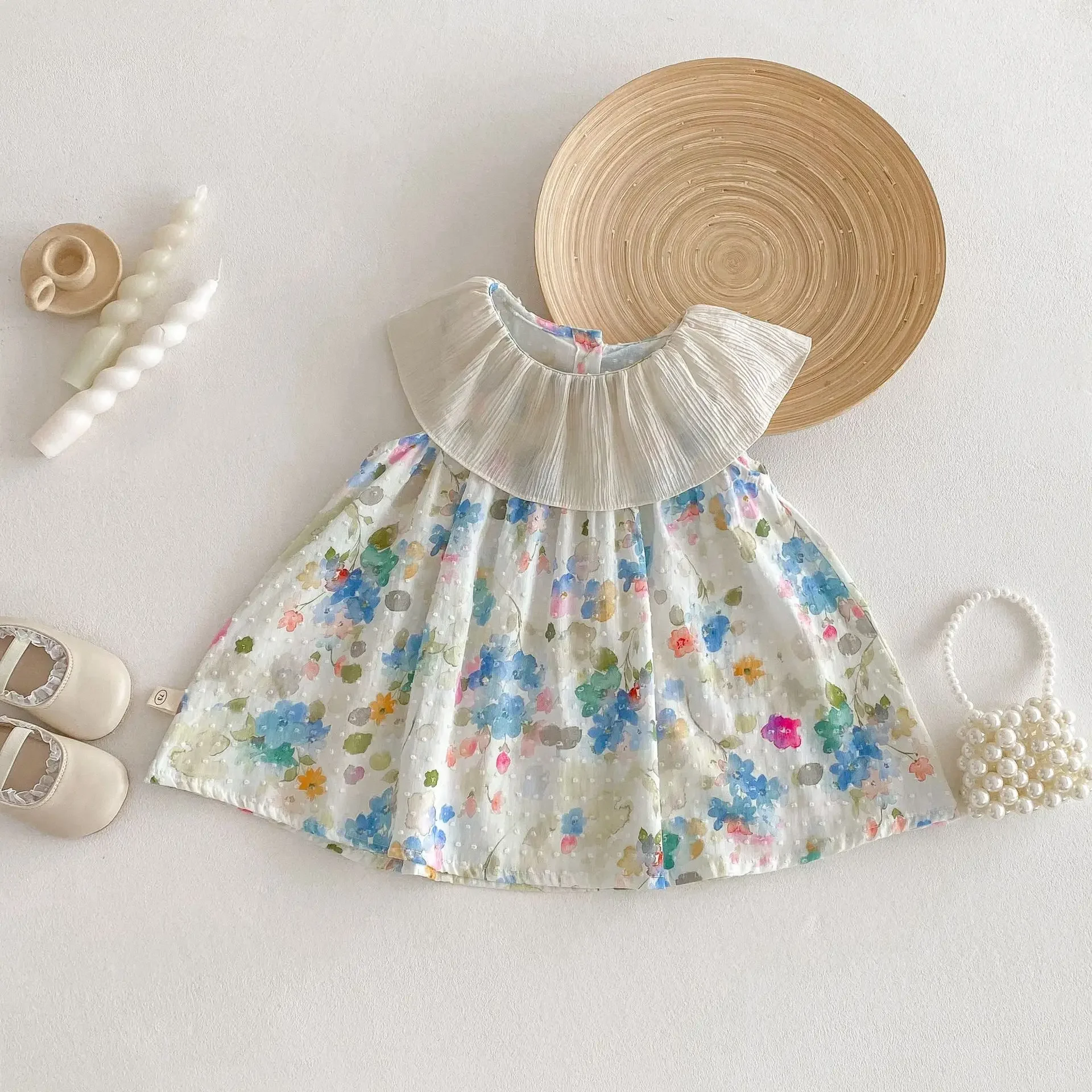 

Girls' floral vest dress 2025 new summer baby ink painting dress children's stylish lotus leaf collar dress