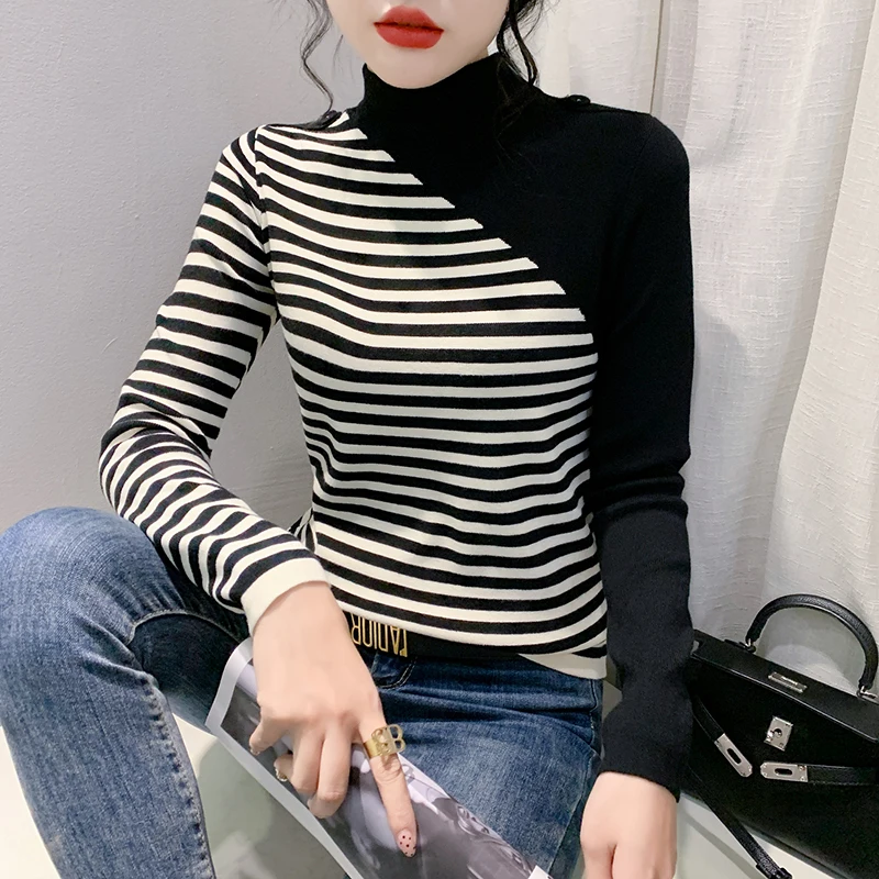 #4336 Winter Knitted Sweater Pullover Women Split Joint Striped Knitted Sweater Female Korean Style Outerwear Half Turtleneck