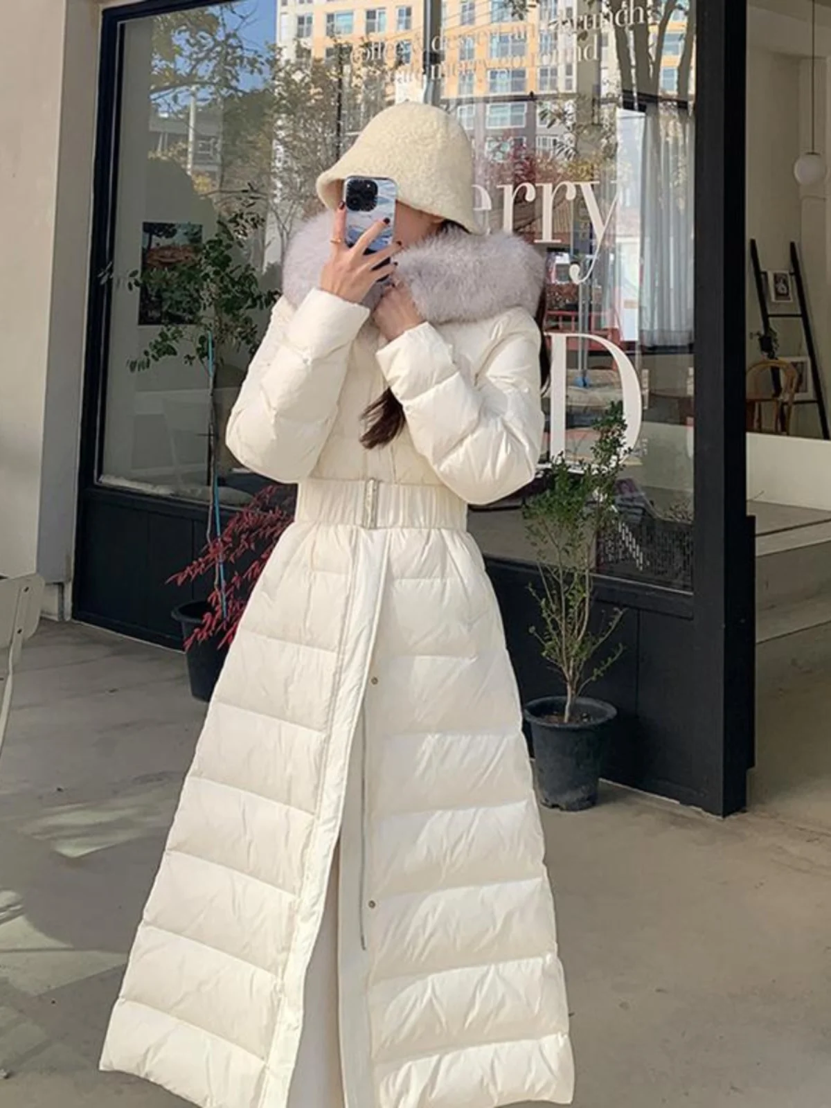 

White Long Du down Jaet Women's Thiened Fur Collar Winter Coat Sli Belted High Waist Commute Sle Korean Version