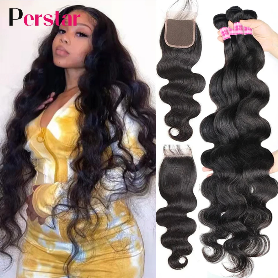 Perstar Human Hair Bundles With Closure Brazilian Body Wave Bundles With Closure Human Hair Weave Extensions 3/4 Bundles Remy