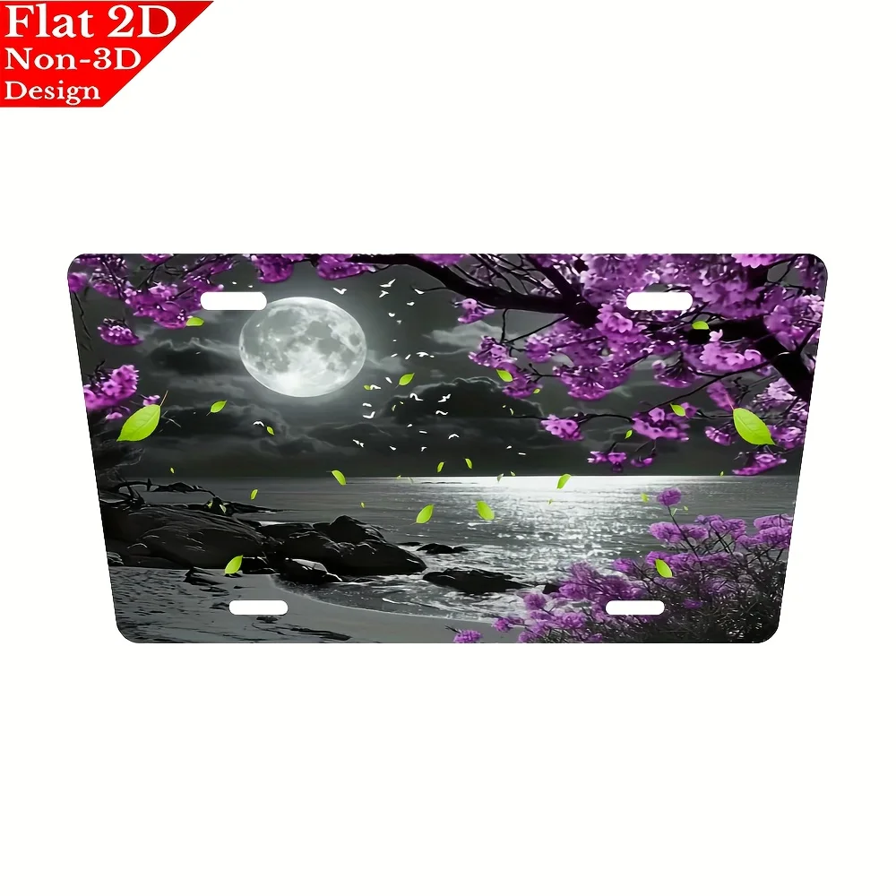 2D flat, 1pc Nighttime coastal landscape with purple flowers Aluminum License Plate,Decorative Car Front License Plate