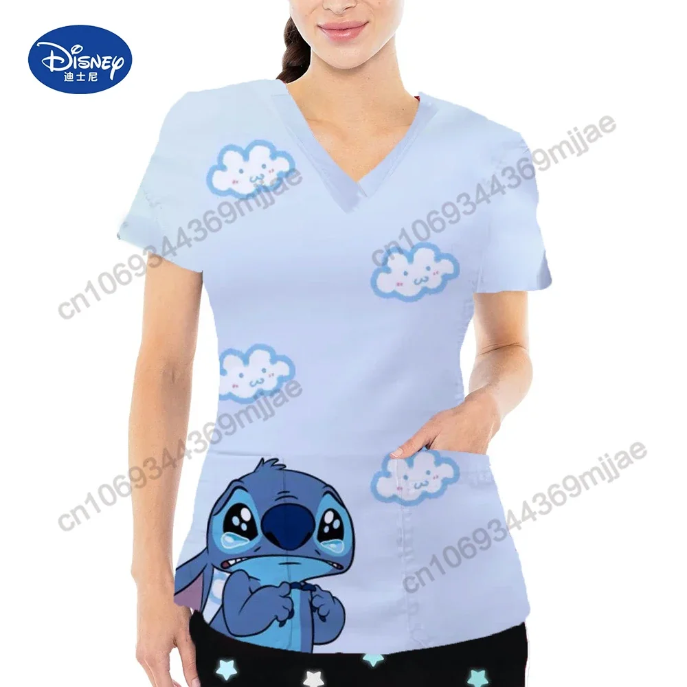 2024 Beautiful Disney Pattern Printed T-shirt Fashion Nurse Uniform Casual Comfortable V-neck Double Pocket Design Women's Top