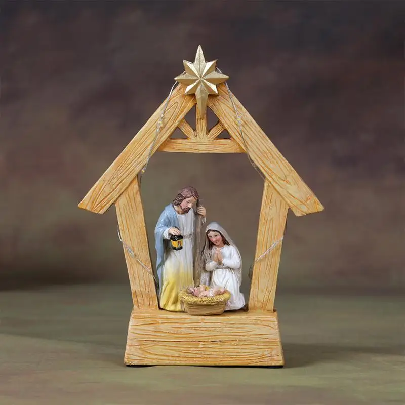 Christmas Nativity Scene Nativity Tabletop Ornament Stable Nativity Set with Lights Holy Family Statue Manger Scene Home Decor