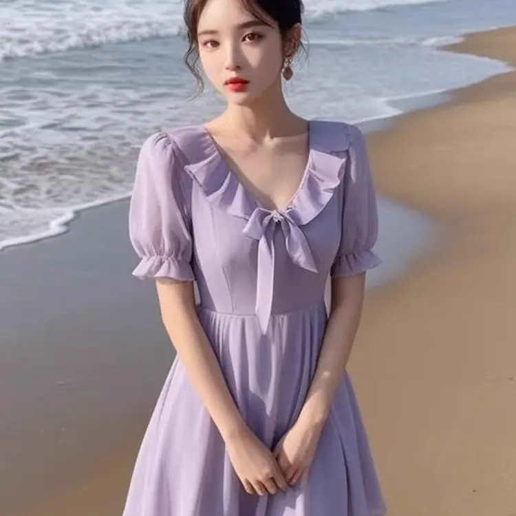 

French Sweet and Gentle Style Purple Dress with Small Waist-hugging Temperament A-line Skirt Fashionable Ruffled Dress