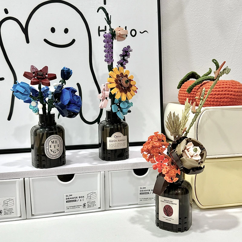 Bros Block Domestic Mini Stacking Building Blocks Flower Bouquet Assembly Creative Desktop Decor for Girls
