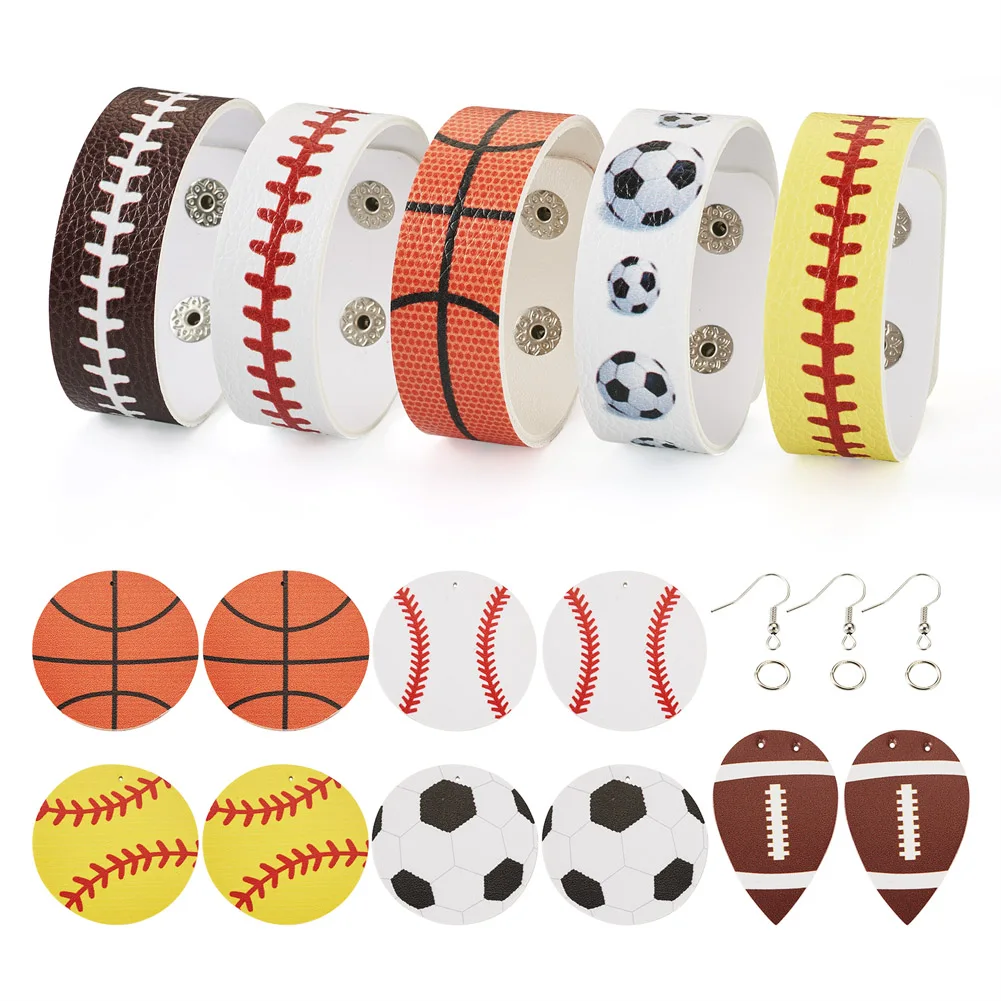 Imitation Leather Rugby Football Base Ball Pendants Earring Hooks Bracelet Cord DIY Sport Theme Bracelet Earring Making Kit