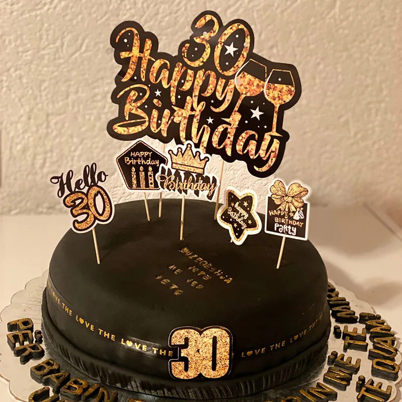 Black Gold 30 40 50 60 Years Old Cake Topper Happy Birthday Party Decor Adult Anniversary 30th 40th 50th Birthday Cake Decor