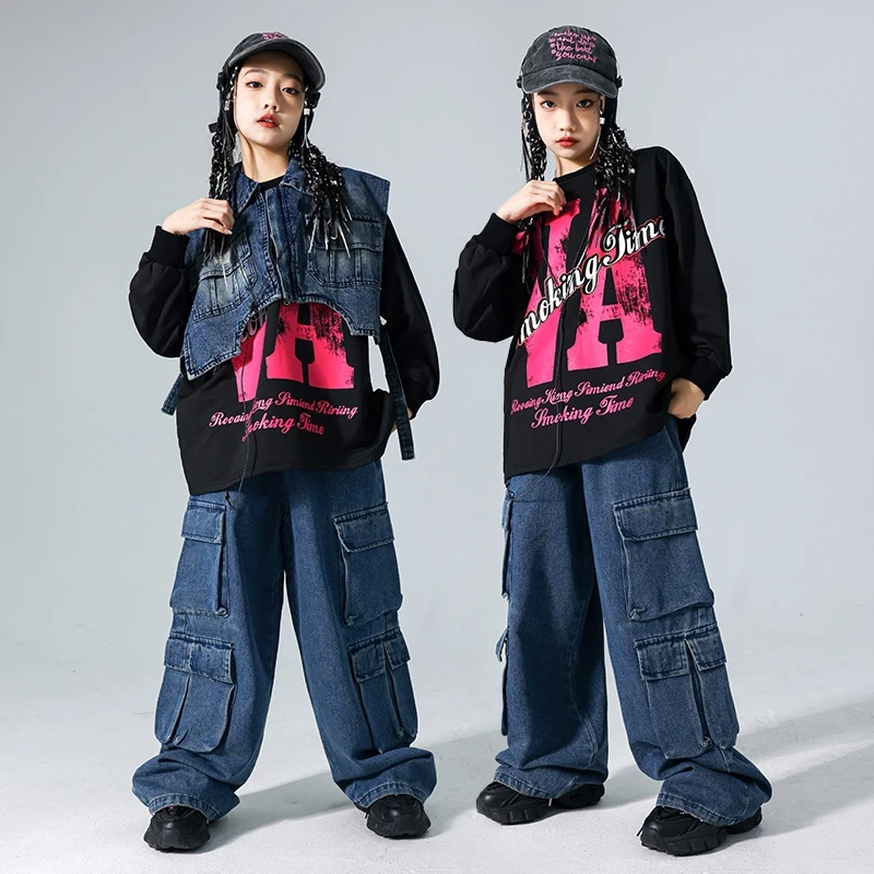 Children Stage Costume Girls Kpop Hip Hop Outfit Street Dance Wear Denim Shuffle Pants Black Tops Kid Fashion Jazz Clothing 1294