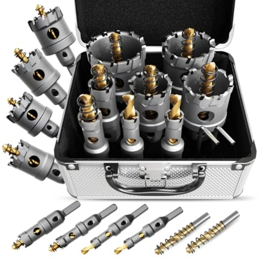 

10 PCS 1/2" to 1-7/8" Carbide Hole Saw Kit for Metal - Heavy Duty TCT Hole Cutter Drill Bits with Titanium Pilot and L-Wrench f