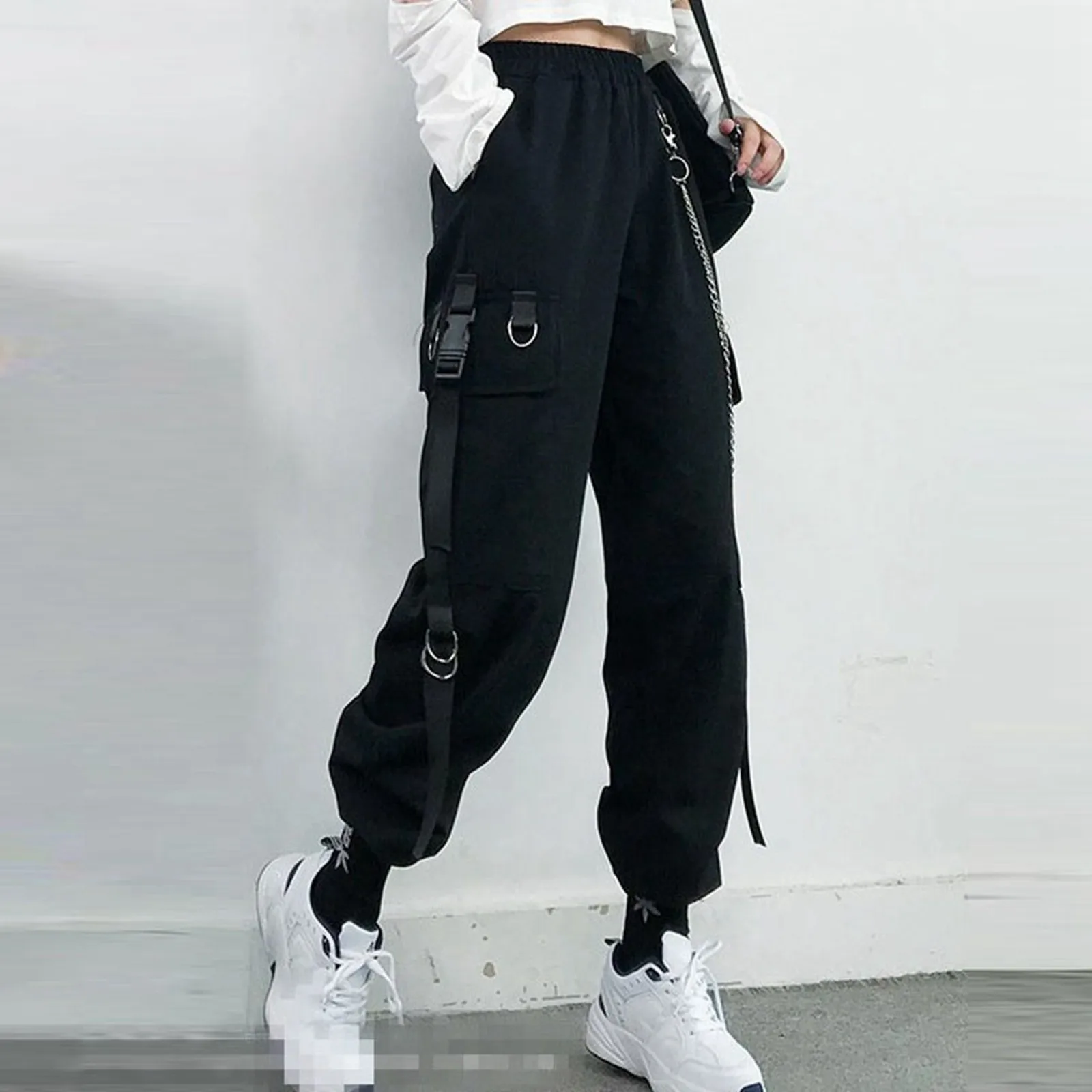 New Women's Black Cargo Pants Slimming High-waisted Straight-leg Long Trousers Autumn Punk Goth Handsome Hip Hop Streetwear