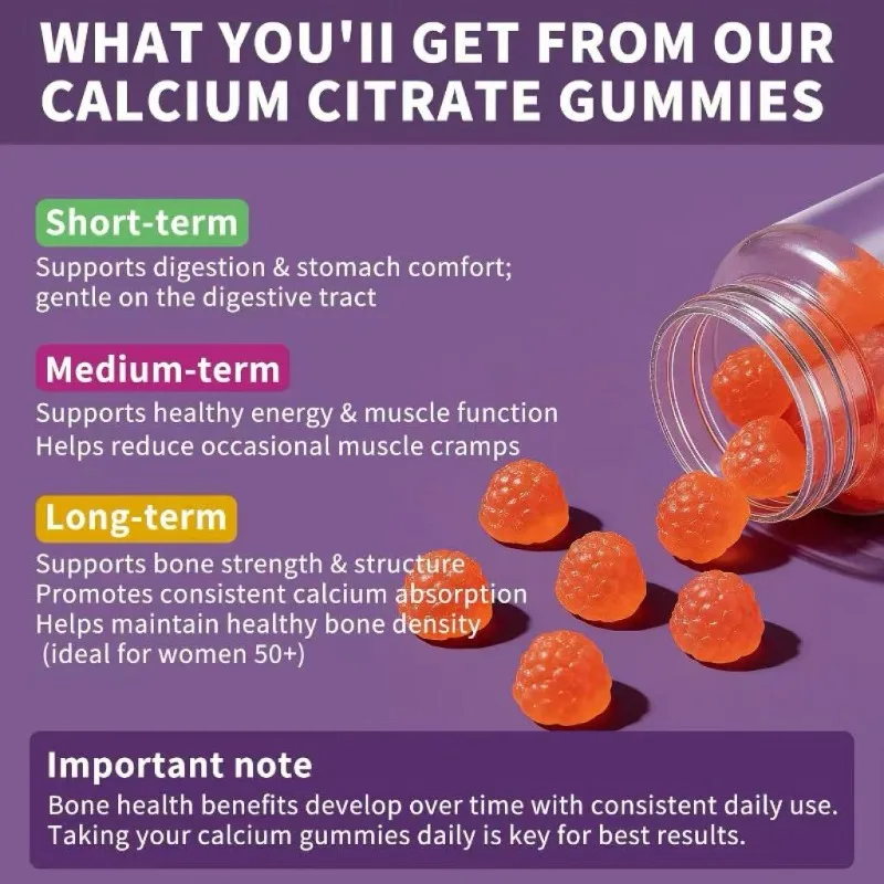 1200mg Calcium Citrate Gummies Containing Vitamin D3 for Bone, Tooth, and Muscle Health Support