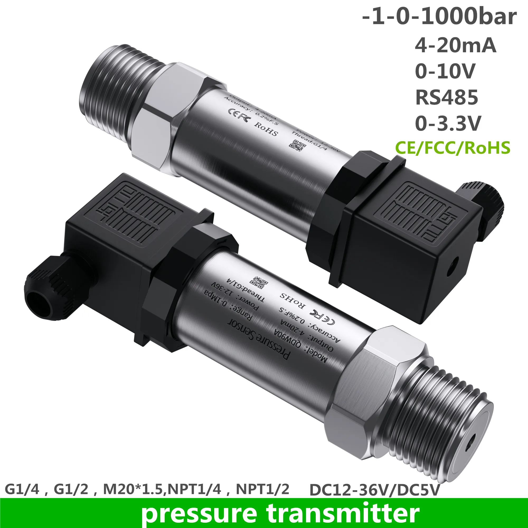 4-20mA 0-3.3V Pressure Sensor, 60KPA/10bar/60bar/145psi/50mbar gauge, 24V Supply, G1/4