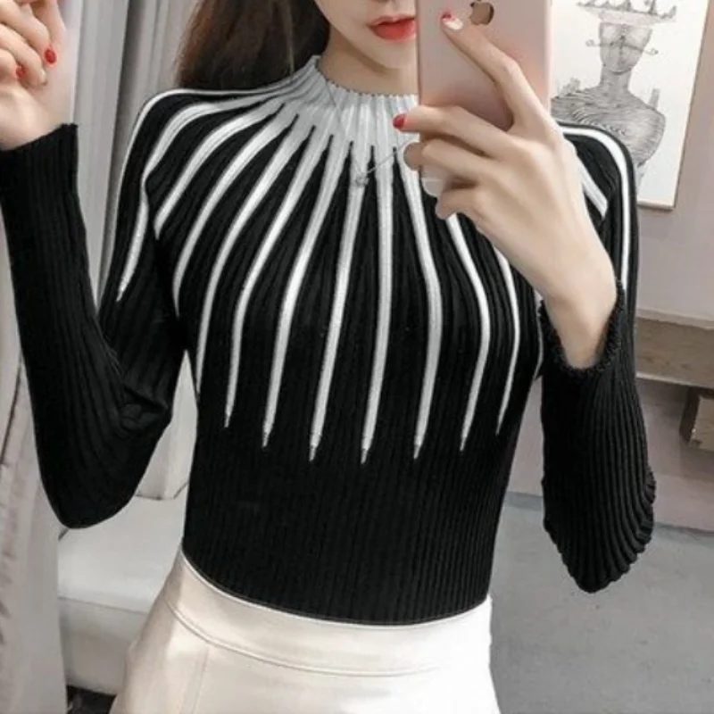 2023 New Casual O-neck Versatile Printing Women Clothing Slim Fit Knitting Fashion Contrasting Colors Long Sleeved Pullovers