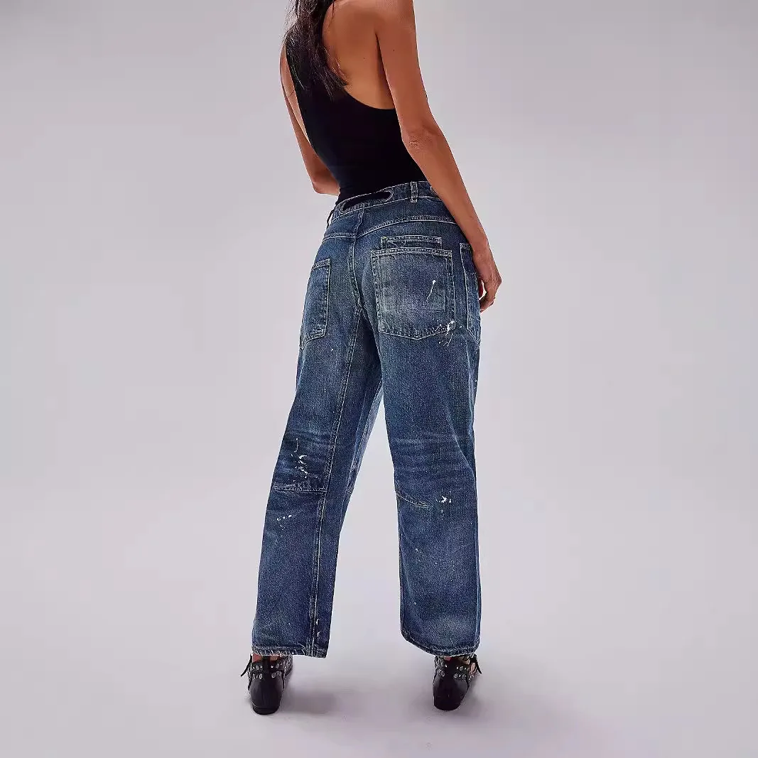 Jeans Vrouwen Denim Broek Rechte Broek Trekkoord Lange Broek Casual Losse Y2k Streetwear Knop Pocket Splice Mom Jeans 2025