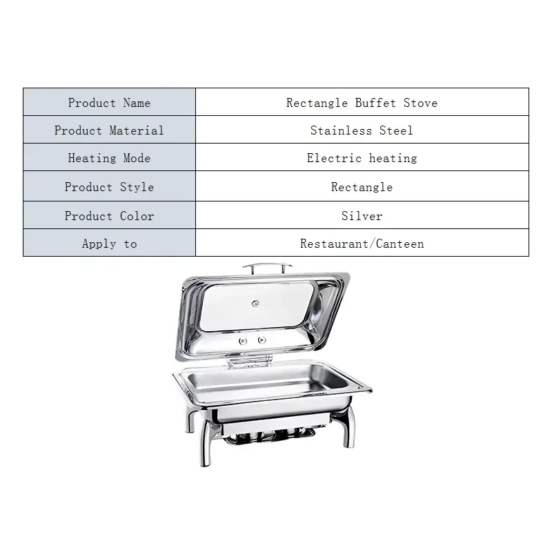 Electric Stainless Steel Rectangular Buffet Warmer with Clear Glass Lid Hydraulic Hinge Commercial Food Heater for Restaurant