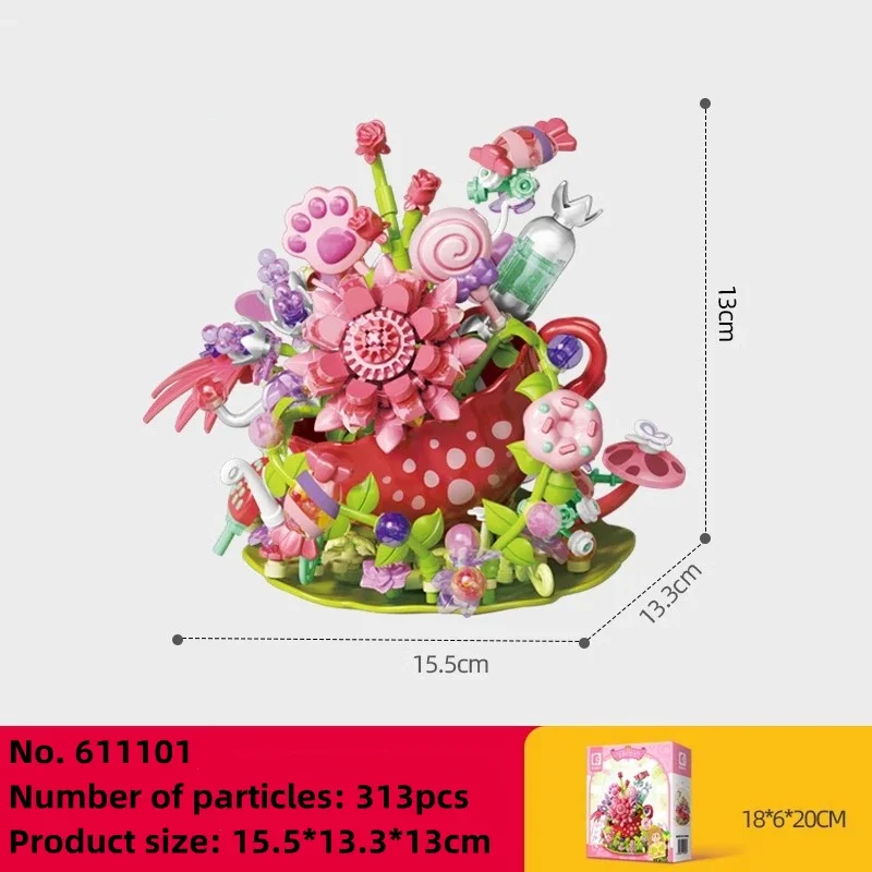 SEMBO Flower Tea Party Handmade DIY Building Blocks Kawaii Girl Birthday Gift Children's Toys Luminous Ornaments Decoration