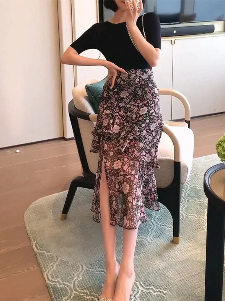 

High Waist Floral Split Skirt Commute Sle Unique Design plus Size Women's Faion Spring Summer New Arrivals f-length Sk...