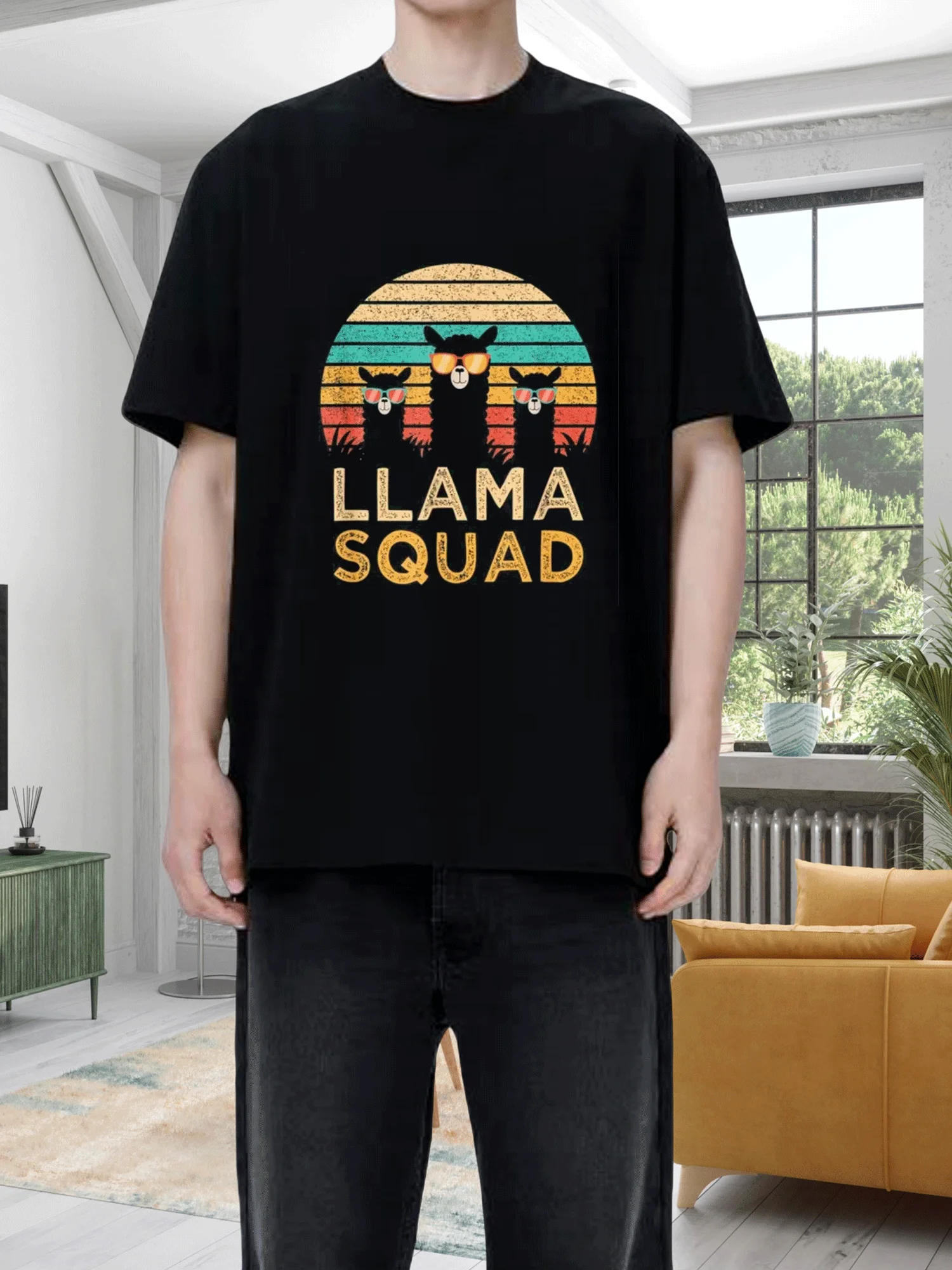 

"Llama Squad" T-Shirt - Vintage Style with Colorful Alpaca Sunset Graphic, 100% Cotton, Comfortable Knit, Ideal for Casual Wear