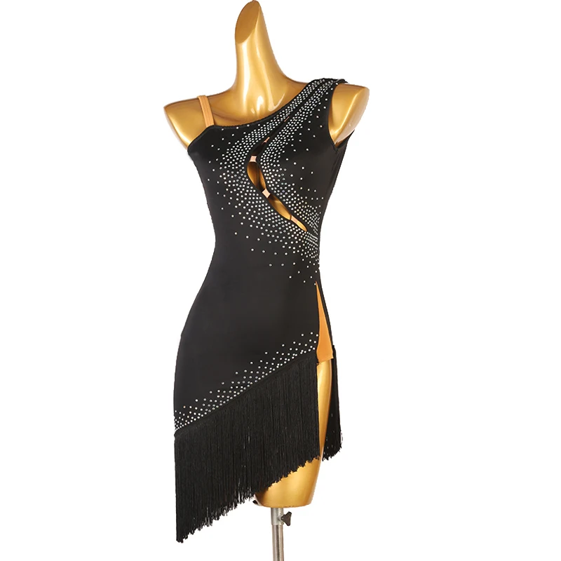 

Latin Tassel Dress Rhinestones Practice Wear Ballroom Gowns Modern Dancewear Competiton Costume Performance Clothes Stage Outfit