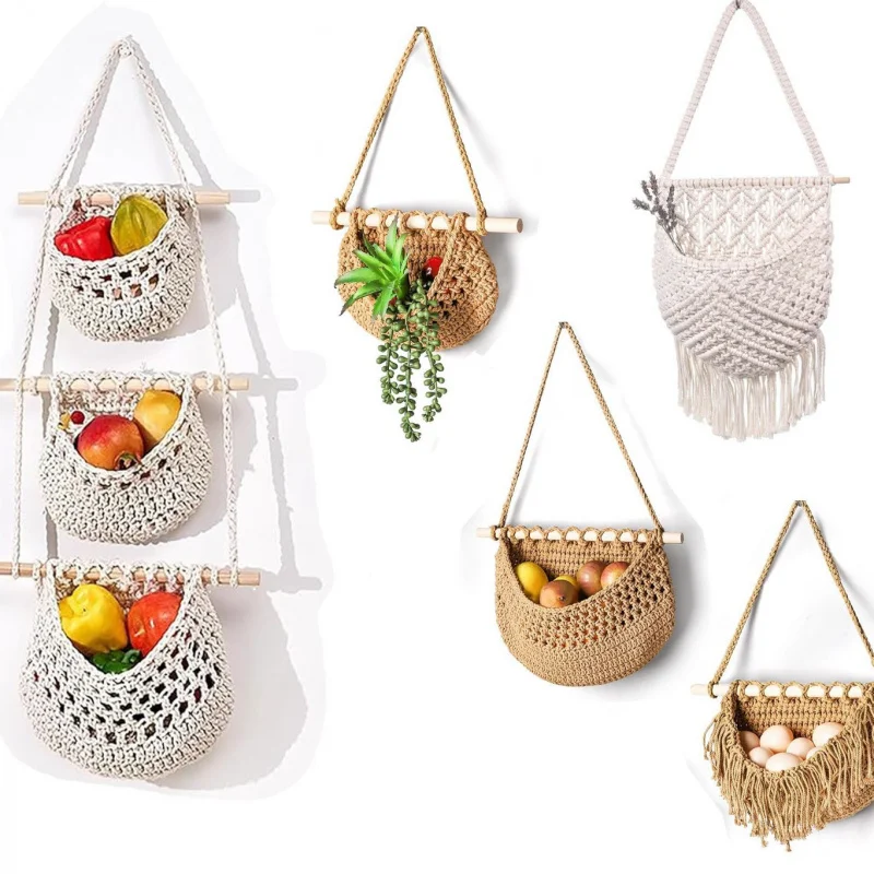 

Компактная трехъярусная подвесная сумка для продуктов! Этот съемный корзин в богемном стиле с аккуратными фруктами и овощами на стене.