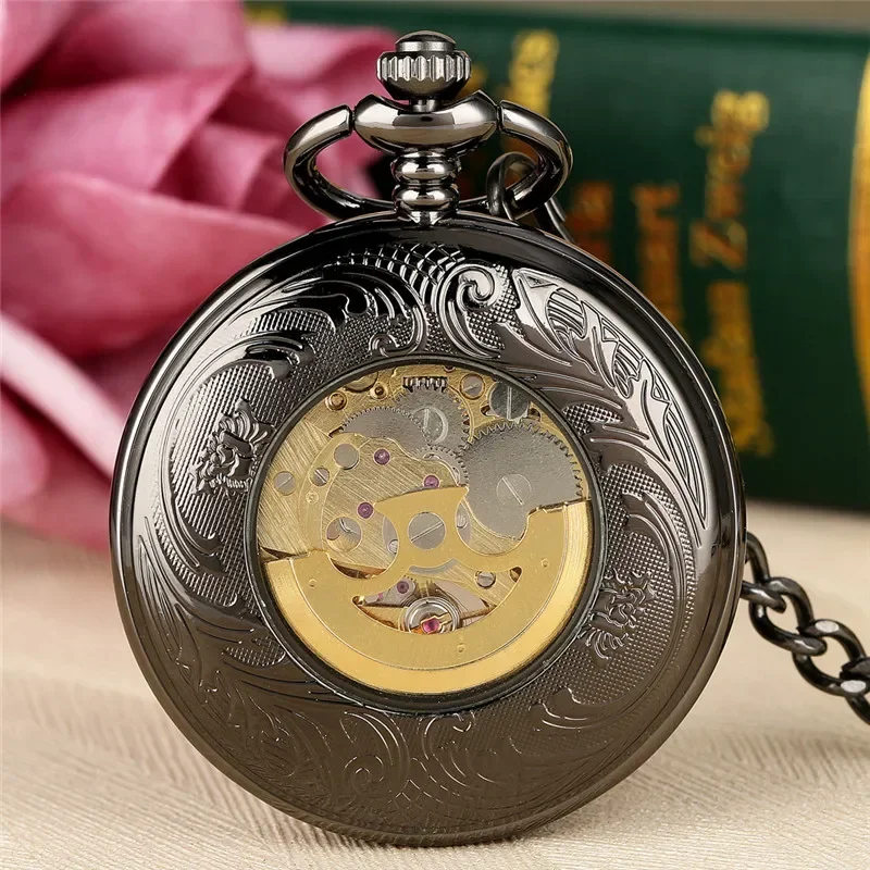 Antique Style Men Women Hand Winding Mechanical Skeleton Pocket Watch Necklace Pendant Chain Roman Number Display Timepiece