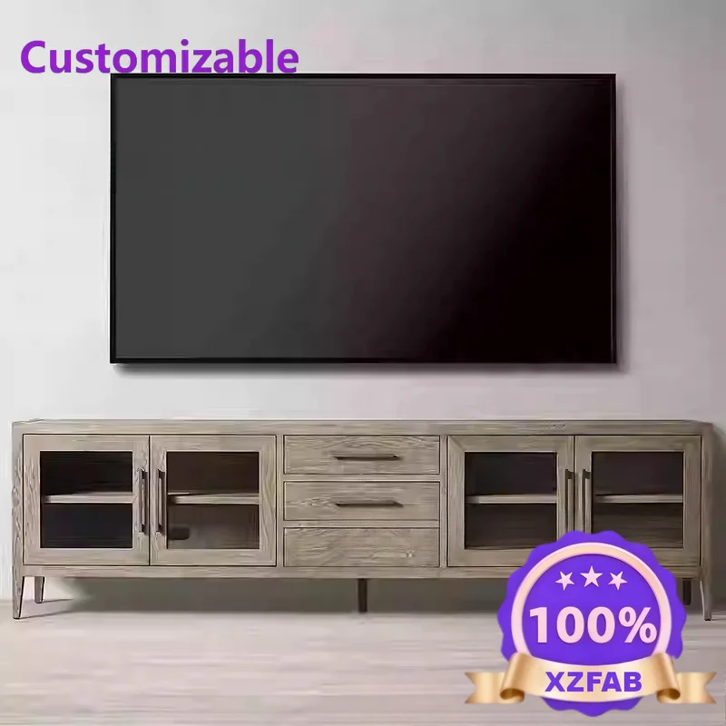 Factory Direct 2026 American Country Exit French Modern Glass with Drawers 4 Door Living Room Oak Solid Wood Storage TV Cabinet