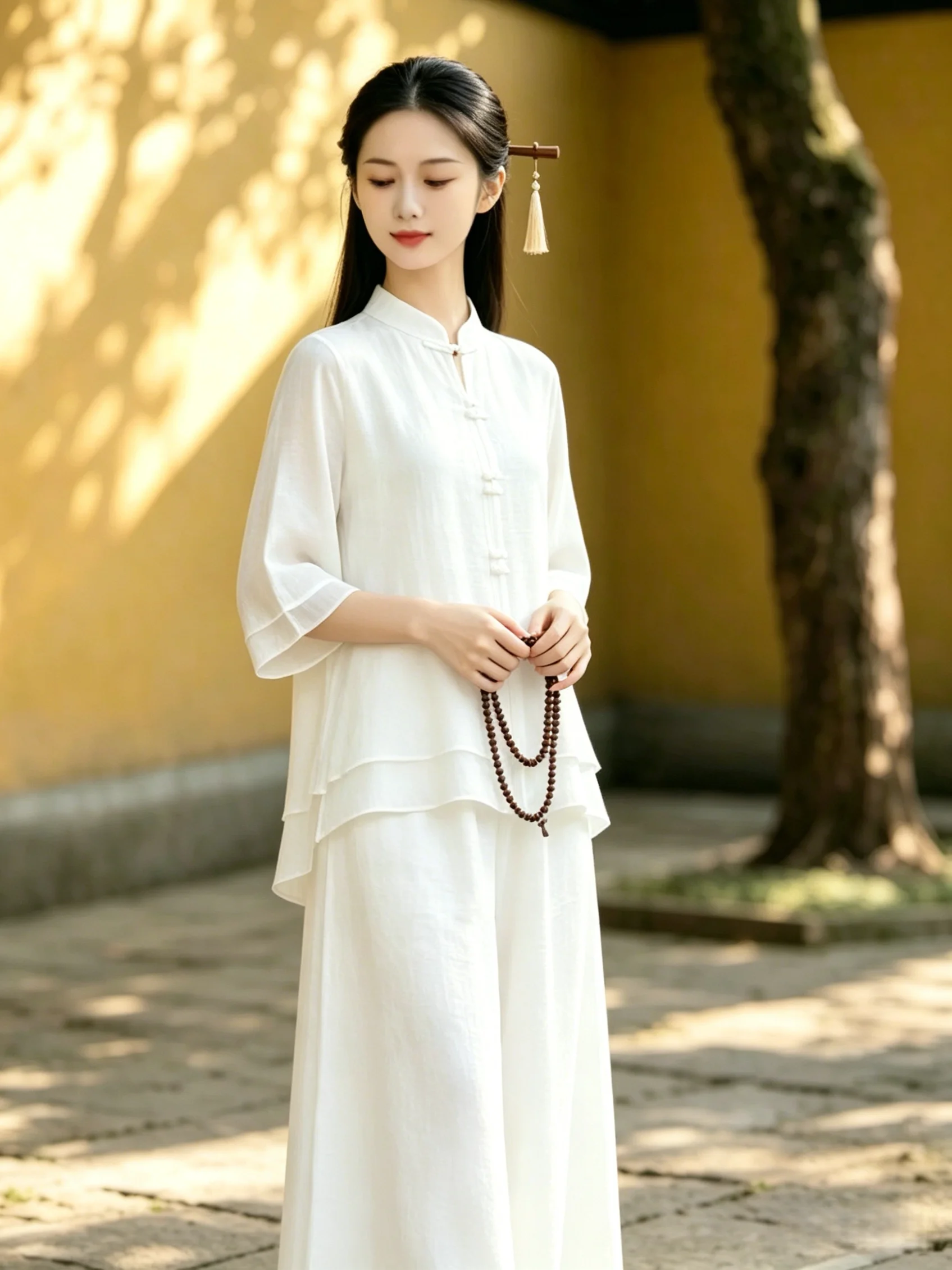 New Chinese Style Tea Ceremony Shirt Set Women's Summer Loose Yoga Tai Chi Practice Clothes Cotton Linen Button up Shirt