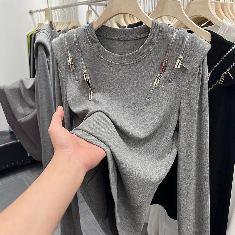 Spring Autumn Simplicity Zipper Solid Color O-neck Long Sleeve Interior Lapping Female Casual Irregular Slim Pullover T-Shirt